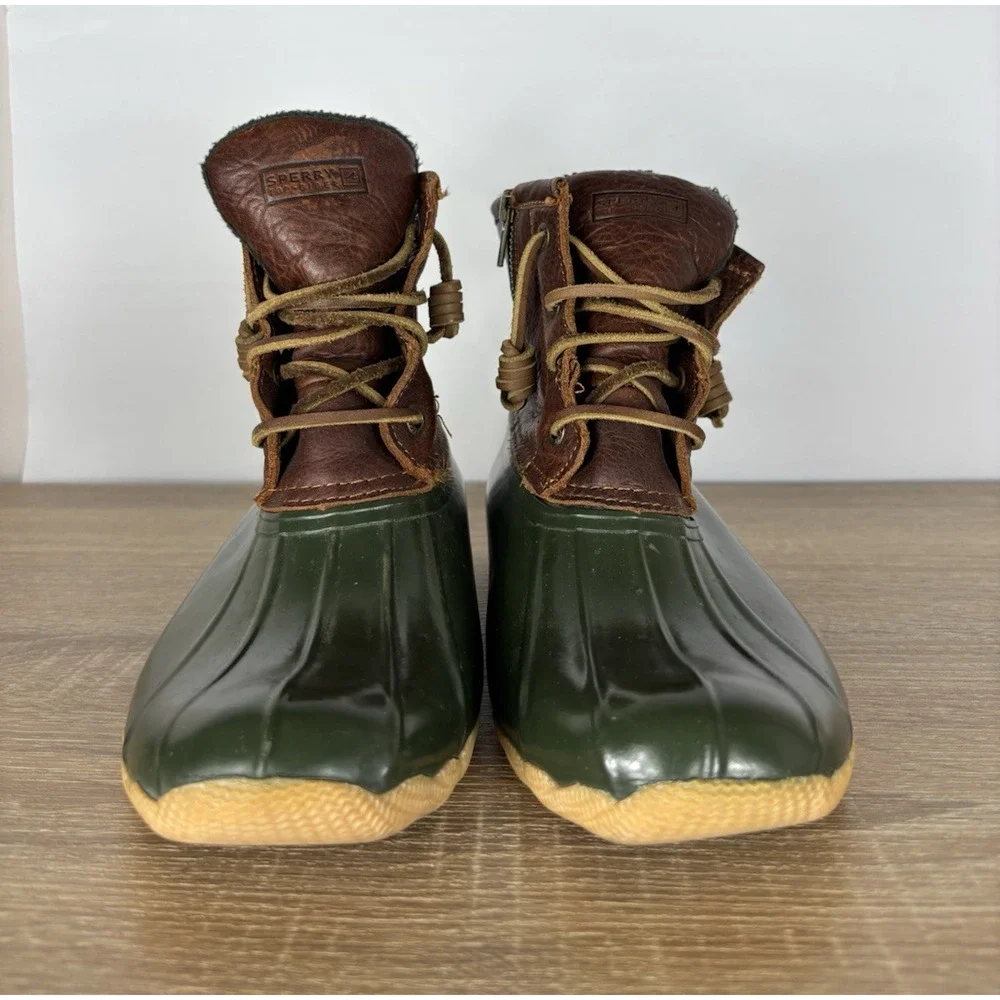 Sperry Top-Sider Duck Boots Womens 7 Brown Leather Green Waterproof Fleece Zip